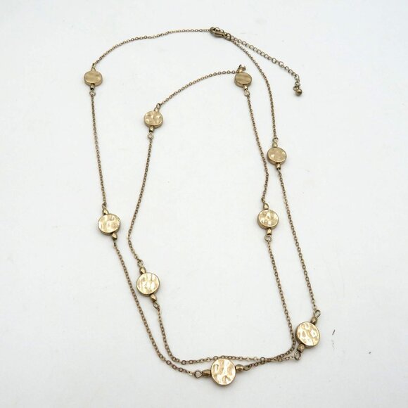 Hammered Disc Station Necklace Gold Tone 38" Long Chain Lobster Clasp Closure - Picture 7 of 7